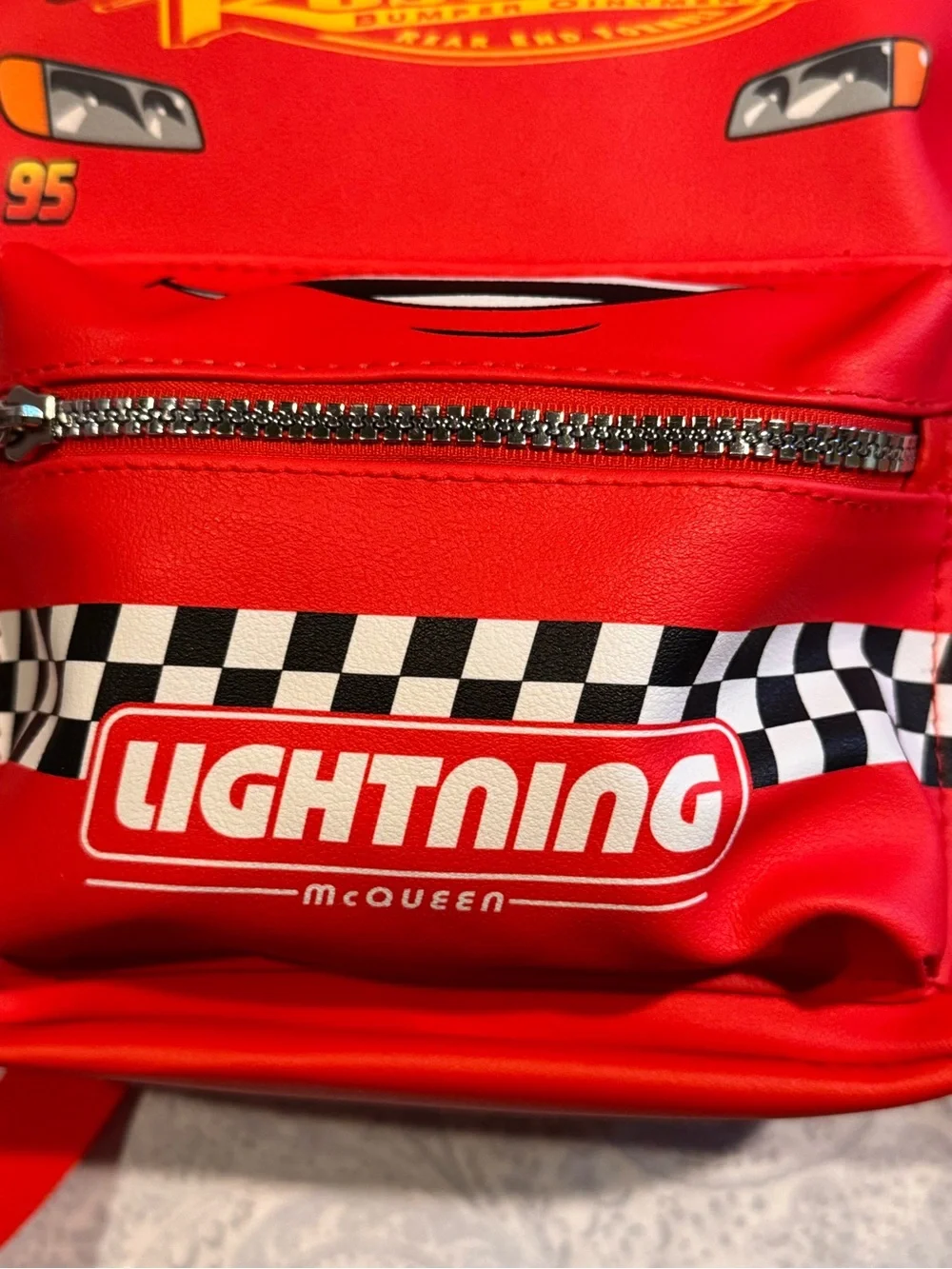 Disney Lightning McQueen Faux Pebbled Red Leather Backpack with Checker Accent